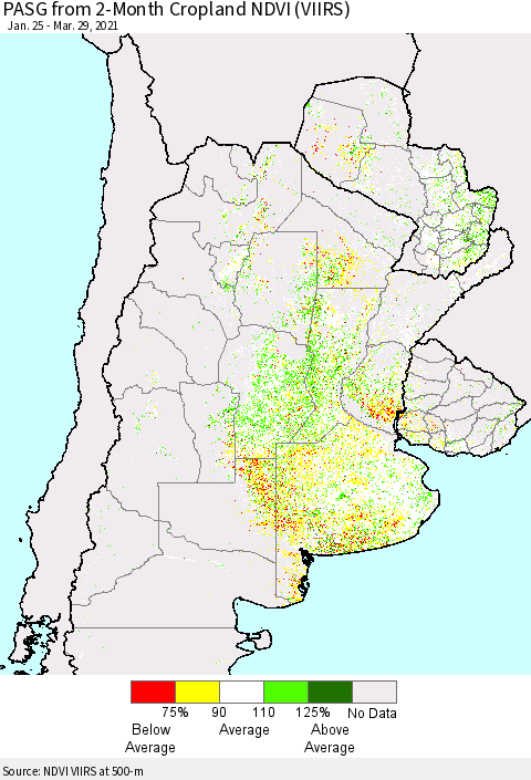 Southern South America PASG from 2-Month Cropland NDVI (VIIRS) Thematic Map For 3/22/2021 - 3/29/2021