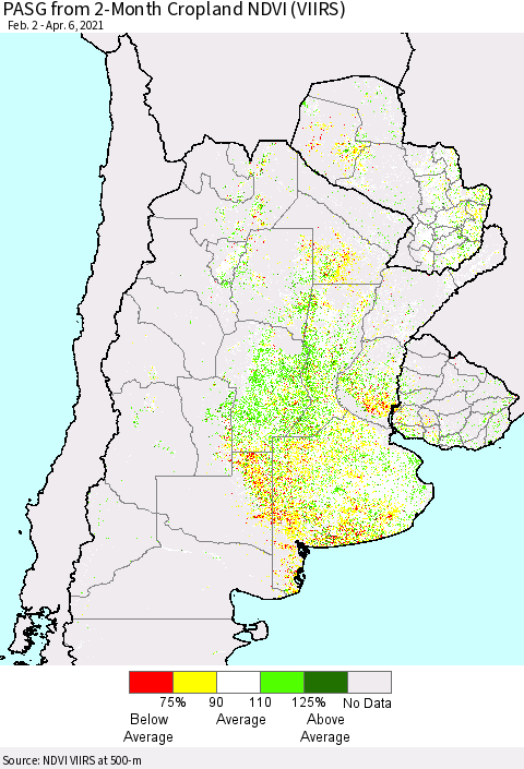 Southern South America PASG from 2-Month Cropland NDVI (VIIRS) Thematic Map For 3/30/2021 - 4/6/2021