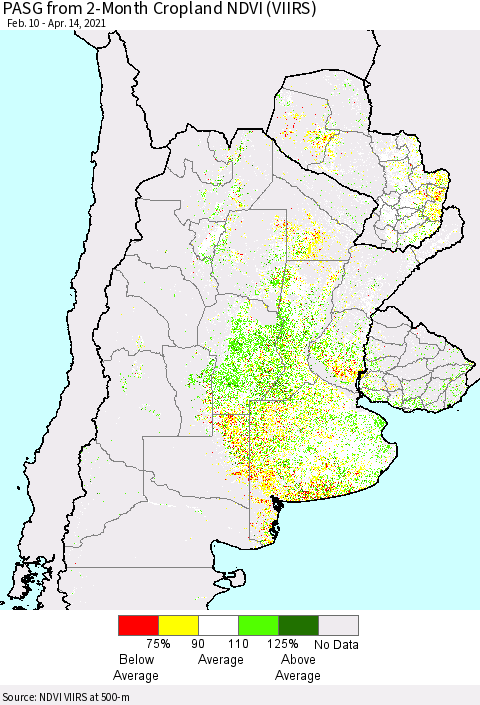 Southern South America PASG from 2-Month Cropland NDVI (VIIRS) Thematic Map For 4/7/2021 - 4/14/2021