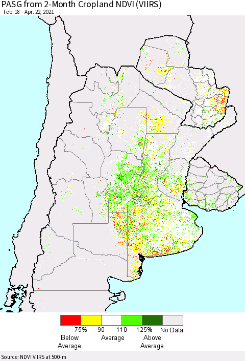 Southern South America PASG from 2-Month Cropland NDVI (VIIRS) Thematic Map For 4/15/2021 - 4/22/2021