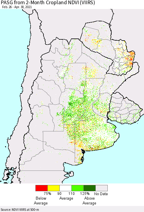 Southern South America PASG from 2-Month Cropland NDVI (VIIRS) Thematic Map For 4/23/2021 - 4/30/2021