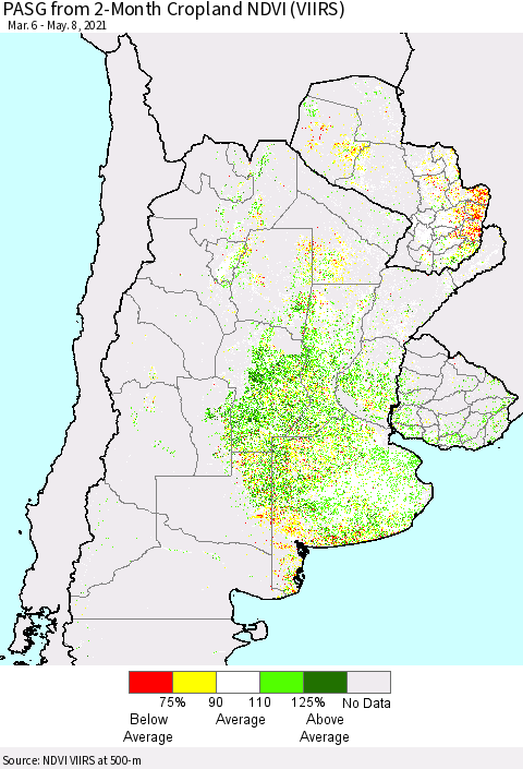 Southern South America PASG from 2-Month Cropland NDVI (VIIRS) Thematic Map For 5/1/2021 - 5/8/2021
