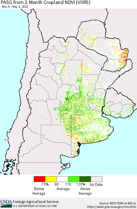 Southern South America PASG from 2-Month Cropland NDVI (VIIRS) Thematic Map For 5/1/2021 - 5/10/2021