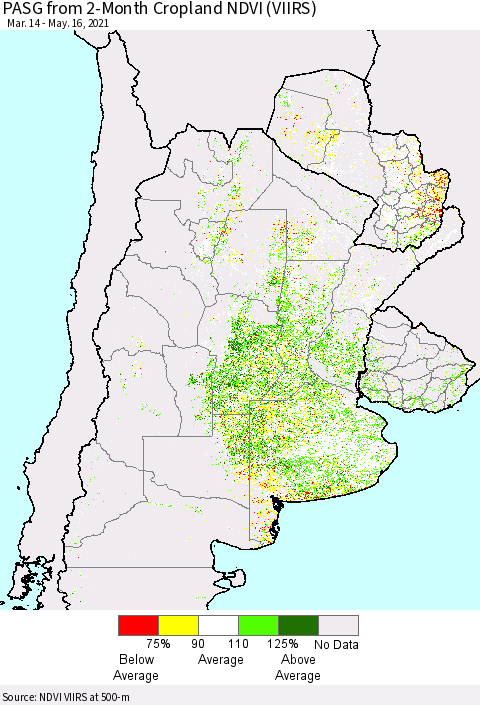 Southern South America PASG from 2-Month Cropland NDVI (VIIRS) Thematic Map For 5/9/2021 - 5/16/2021