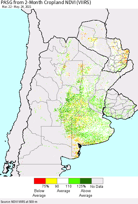 Southern South America PASG from 2-Month Cropland NDVI (VIIRS) Thematic Map For 5/17/2021 - 5/24/2021