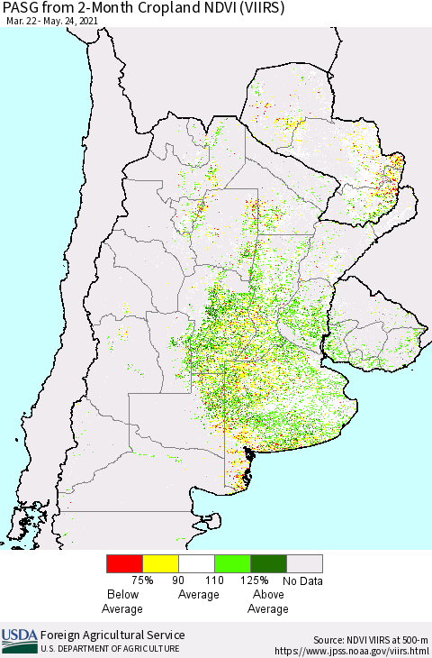 Southern South America PASG from 2-Month Cropland NDVI (VIIRS) Thematic Map For 5/21/2021 - 5/31/2021