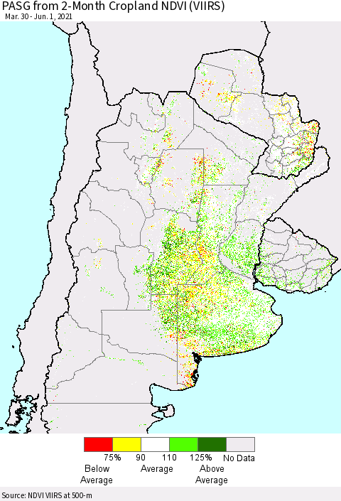 Southern South America PASG from 2-Month Cropland NDVI (VIIRS) Thematic Map For 5/25/2021 - 6/1/2021