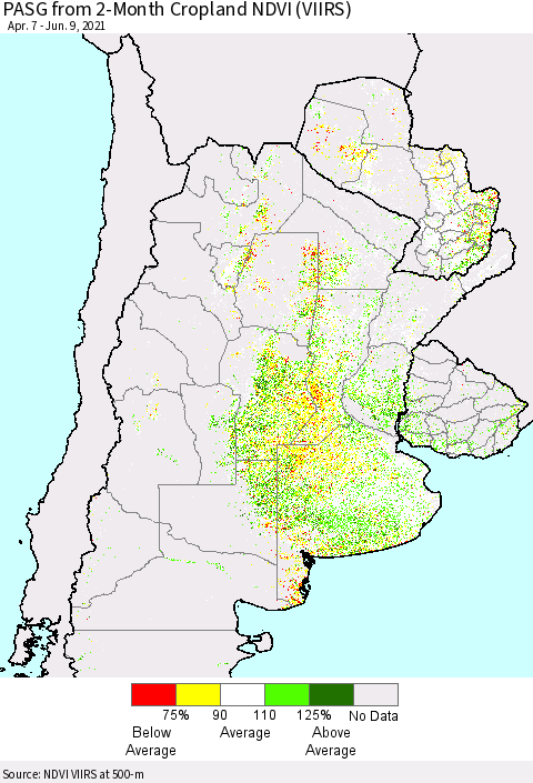 Southern South America PASG from 2-Month Cropland NDVI (VIIRS) Thematic Map For 6/2/2021 - 6/9/2021