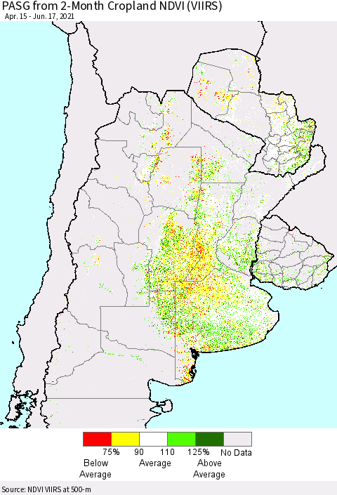 Southern South America PASG from 2-Month Cropland NDVI (VIIRS) Thematic Map For 6/10/2021 - 6/17/2021