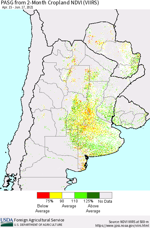 Southern South America PASG from 2-Month Cropland NDVI (VIIRS) Thematic Map For 6/11/2021 - 6/20/2021