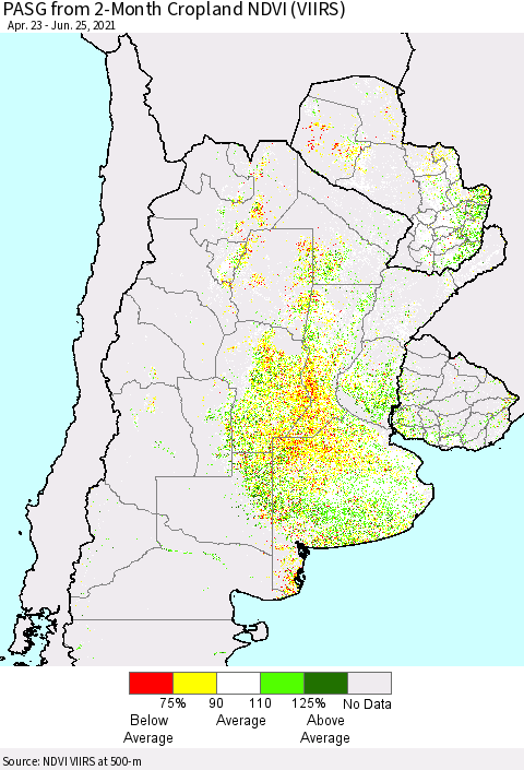 Southern South America PASG from 2-Month Cropland NDVI (VIIRS) Thematic Map For 6/18/2021 - 6/25/2021