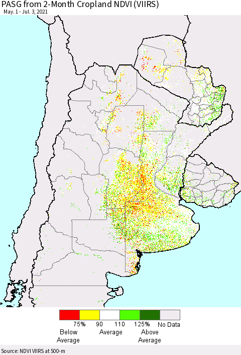 Southern South America PASG from 2-Month Cropland NDVI (VIIRS) Thematic Map For 6/26/2021 - 7/3/2021