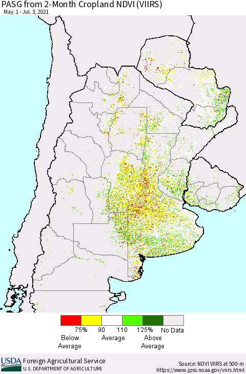 Southern South America PASG from 2-Month Cropland NDVI (VIIRS) Thematic Map For 7/1/2021 - 7/10/2021