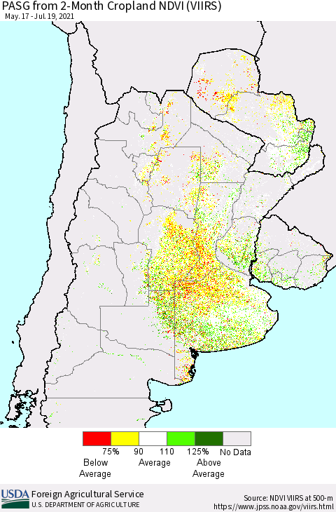 Southern South America PASG from 2-Month Cropland NDVI (VIIRS) Thematic Map For 7/11/2021 - 7/20/2021