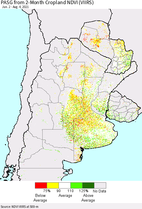 Southern South America PASG from 2-Month Cropland NDVI (VIIRS) Thematic Map For 7/28/2021 - 8/4/2021