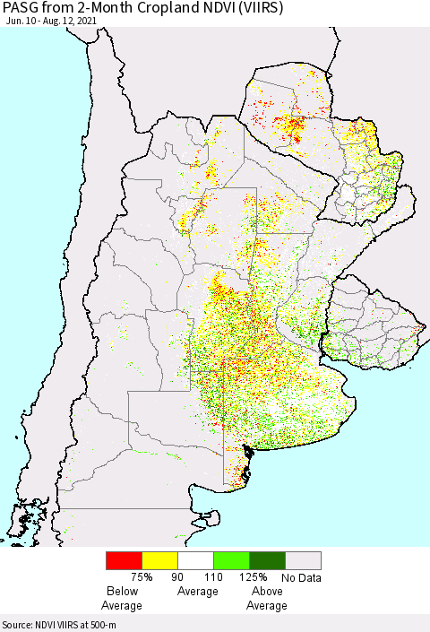 Southern South America PASG from 2-Month Cropland NDVI (VIIRS) Thematic Map For 8/5/2021 - 8/12/2021