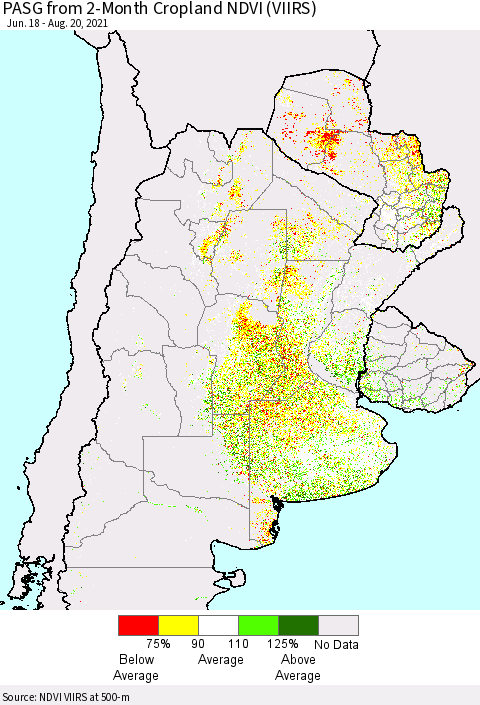 Southern South America PASG from 2-Month Cropland NDVI (VIIRS) Thematic Map For 8/11/2021 - 8/20/2021