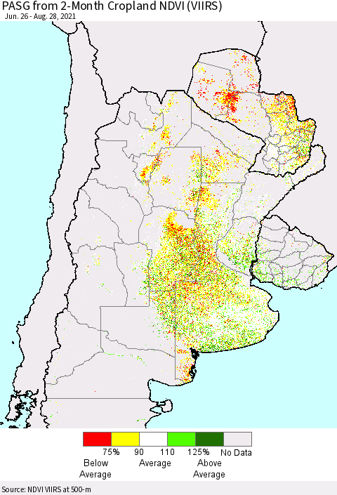 Southern South America PASG from 2-Month Cropland NDVI (VIIRS) Thematic Map For 8/21/2021 - 8/28/2021