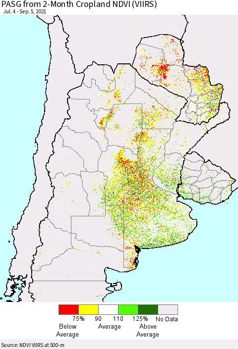 Southern South America PASG from 2-Month Cropland NDVI (VIIRS) Thematic Map For 8/29/2021 - 9/5/2021