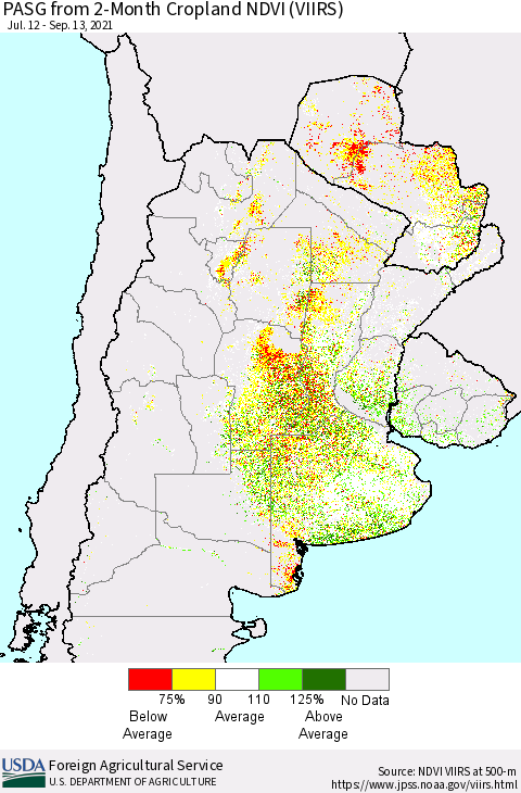 Southern South America PASG from 2-Month Cropland NDVI (VIIRS) Thematic Map For 9/11/2021 - 9/20/2021