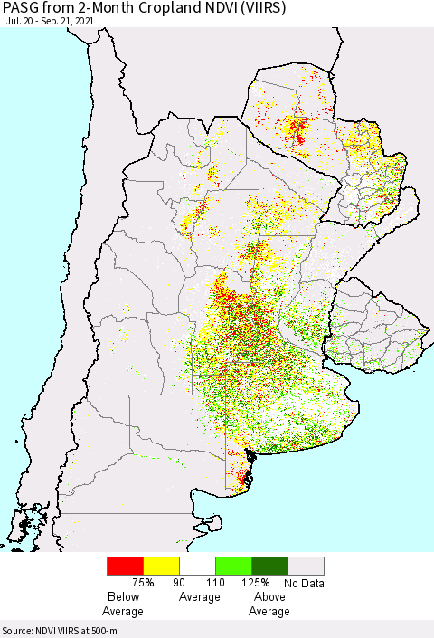 Southern South America PASG from 2-Month Cropland NDVI (VIIRS) Thematic Map For 9/14/2021 - 9/21/2021