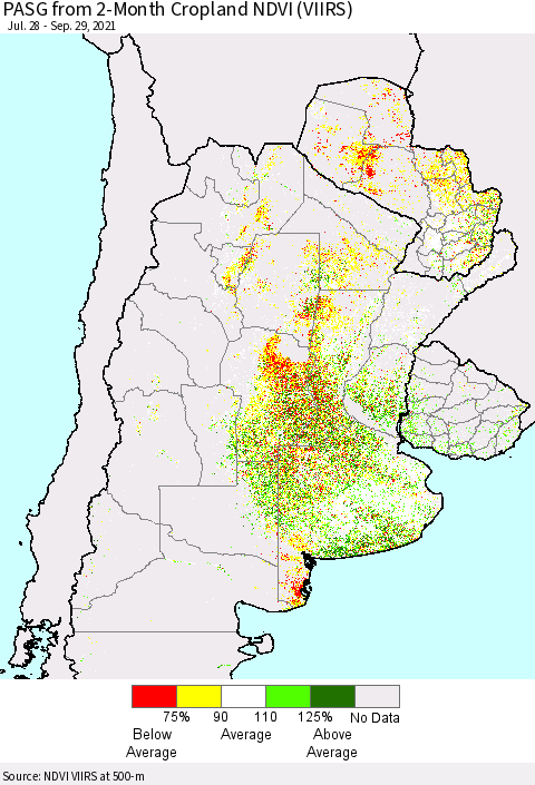 Southern South America PASG from 2-Month Cropland NDVI (VIIRS) Thematic Map For 9/22/2021 - 9/29/2021