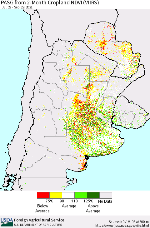 Southern South America PASG from 2-Month Cropland NDVI (VIIRS) Thematic Map For 9/21/2021 - 9/30/2021