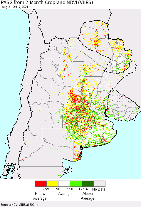Southern South America PASG from 2-Month Cropland NDVI (VIIRS) Thematic Map For 9/30/2021 - 10/7/2021