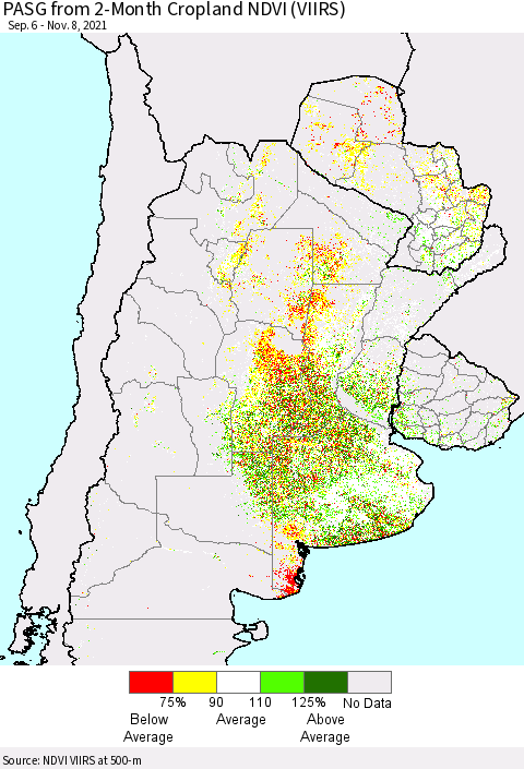 Southern South America PASG from 2-Month Cropland NDVI (VIIRS) Thematic Map For 11/1/2021 - 11/8/2021