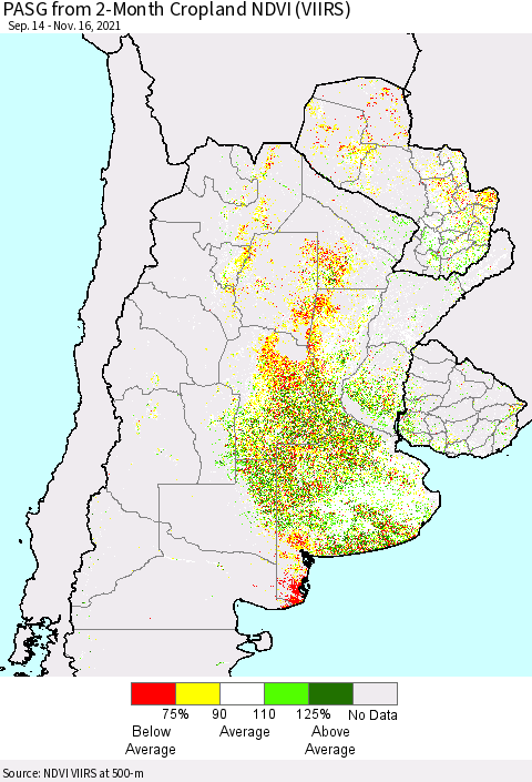 Southern South America PASG from 2-Month Cropland NDVI (VIIRS) Thematic Map For 11/9/2021 - 11/16/2021