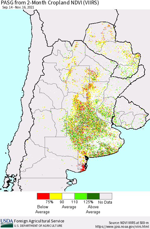 Southern South America PASG from 2-Month Cropland NDVI (VIIRS) Thematic Map For 11/11/2021 - 11/20/2021