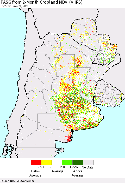 Southern South America PASG from 2-Month Cropland NDVI (VIIRS) Thematic Map For 11/17/2021 - 11/24/2021