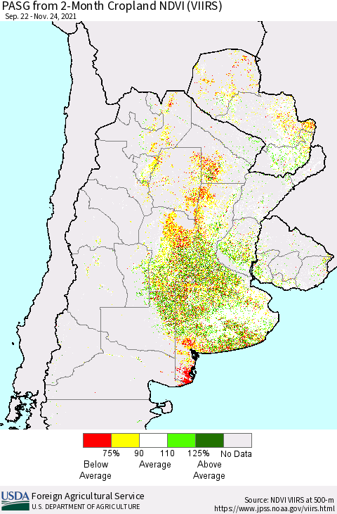 Southern South America PASG from 2-Month Cropland NDVI (VIIRS) Thematic Map For 11/21/2021 - 11/30/2021