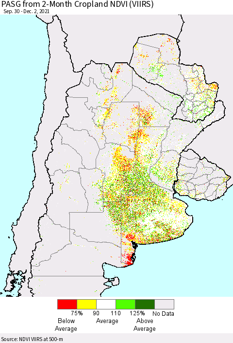 Southern South America PASG from 2-Month Cropland NDVI (VIIRS) Thematic Map For 11/25/2021 - 12/2/2021