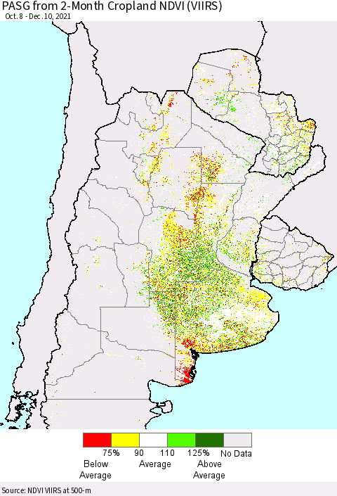 Southern South America PASG from 2-Month Cropland NDVI (VIIRS) Thematic Map For 12/3/2021 - 12/10/2021