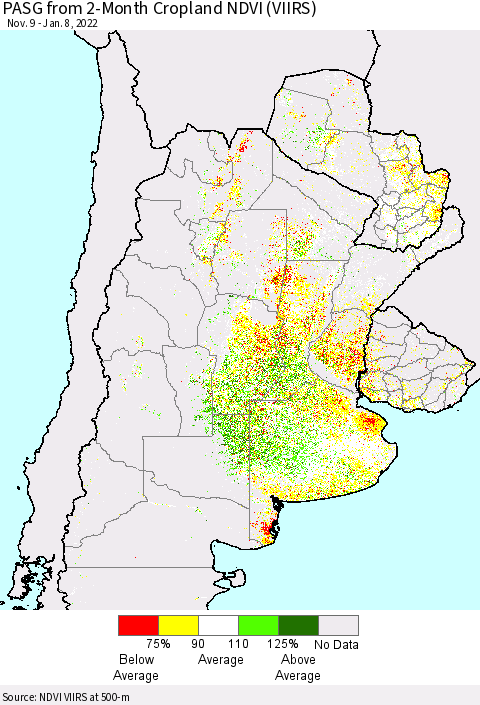 Southern South America PASG from 2-Month Cropland NDVI (VIIRS) Thematic Map For 1/1/2022 - 1/8/2022