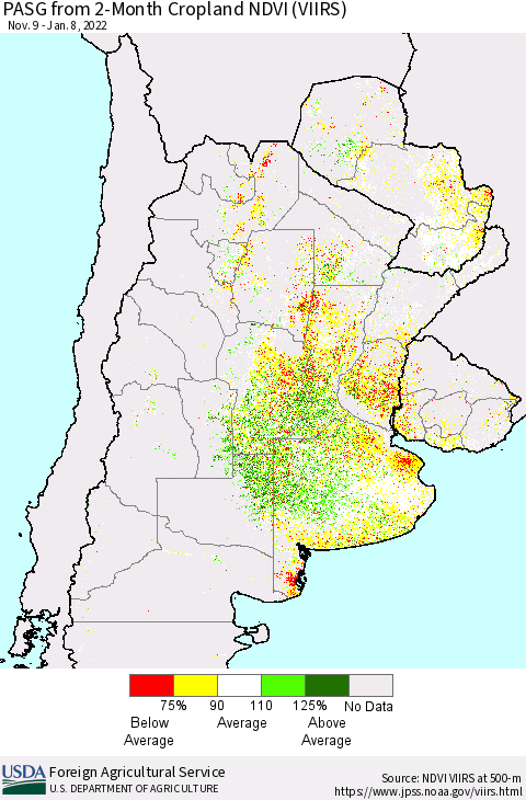 Southern South America PASG from 2-Month Cropland NDVI (VIIRS) Thematic Map For 1/1/2022 - 1/10/2022