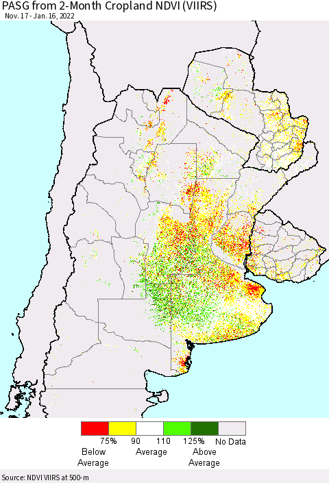 Southern South America PASG from 2-Month Cropland NDVI (VIIRS) Thematic Map For 1/9/2022 - 1/16/2022