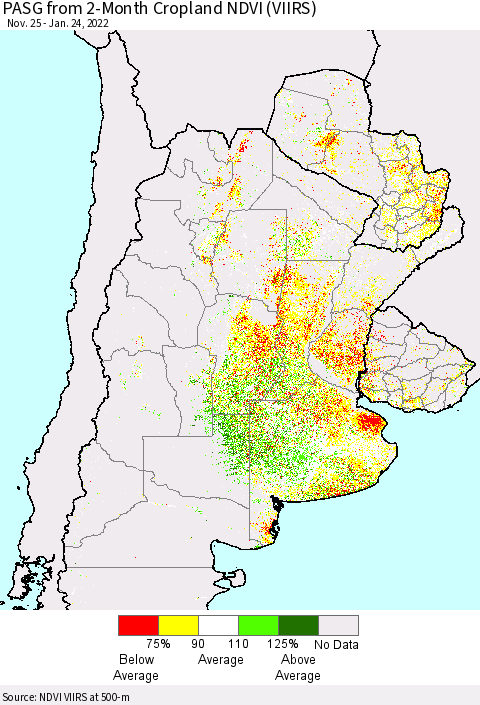 Southern South America PASG from 2-Month Cropland NDVI (VIIRS) Thematic Map For 1/17/2022 - 1/24/2022