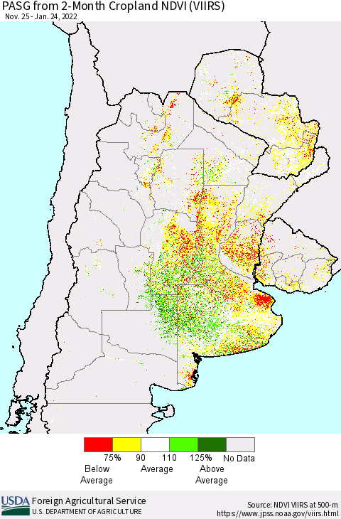 Southern South America PASG from 2-Month Cropland NDVI (VIIRS) Thematic Map For 1/21/2022 - 1/31/2022