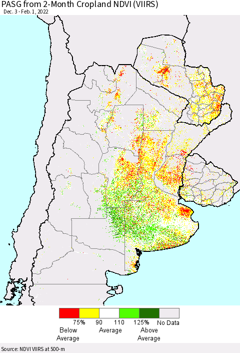 Southern South America PASG from 2-Month Cropland NDVI (VIIRS) Thematic Map For 1/25/2022 - 2/1/2022