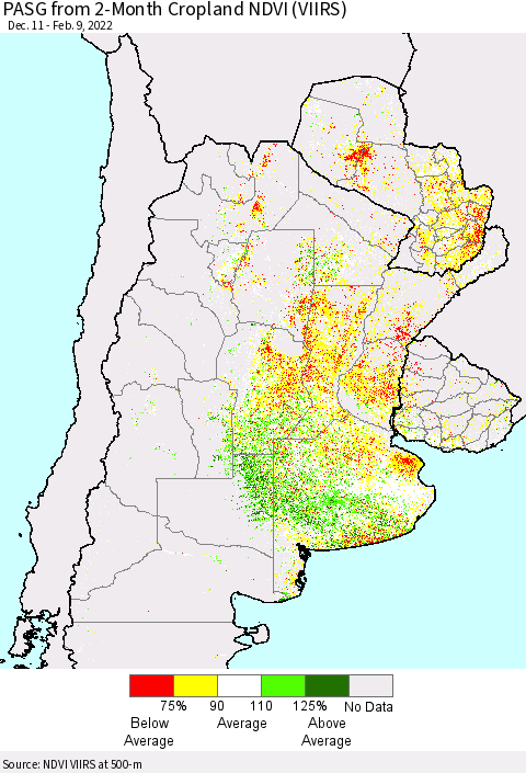 Southern South America PASG from 2-Month Cropland NDVI (VIIRS) Thematic Map For 2/2/2022 - 2/9/2022