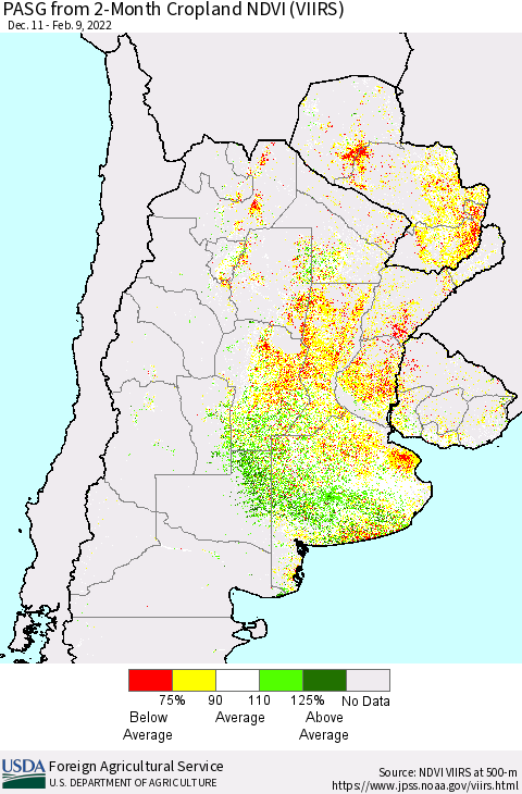 Southern South America PASG from 2-Month Cropland NDVI (VIIRS) Thematic Map For 2/1/2022 - 2/10/2022