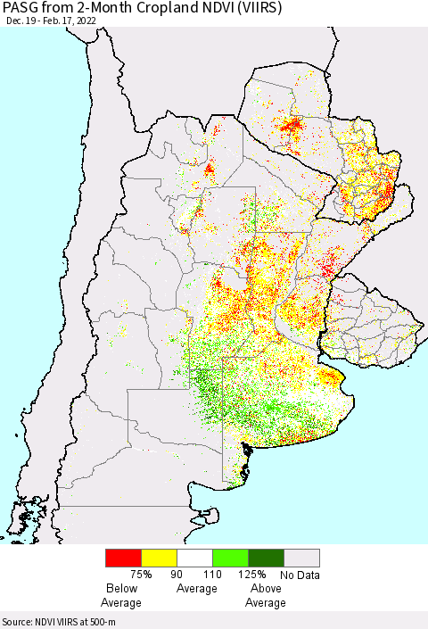 Southern South America PASG from 2-Month Cropland NDVI (VIIRS) Thematic Map For 2/10/2022 - 2/17/2022