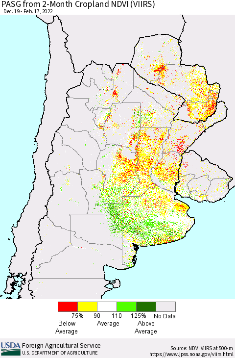 Southern South America PASG from 2-Month Cropland NDVI (VIIRS) Thematic Map For 2/11/2022 - 2/20/2022