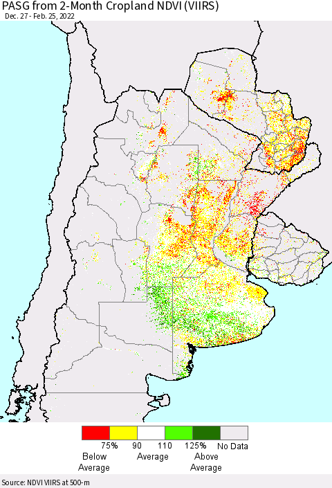 Southern South America PASG from 2-Month Cropland NDVI (VIIRS) Thematic Map For 2/18/2022 - 2/25/2022