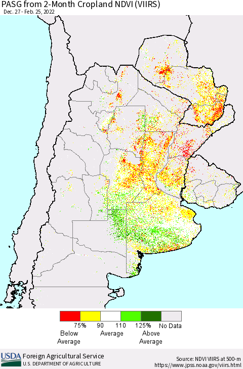Southern South America PASG from 2-Month Cropland NDVI (VIIRS) Thematic Map For 2/21/2022 - 2/28/2022