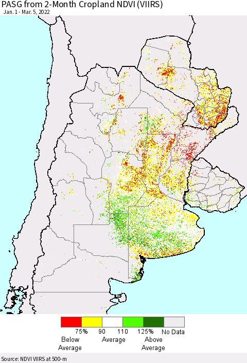 Southern South America PASG from 2-Month Cropland NDVI (VIIRS) Thematic Map For 2/26/2022 - 3/5/2022