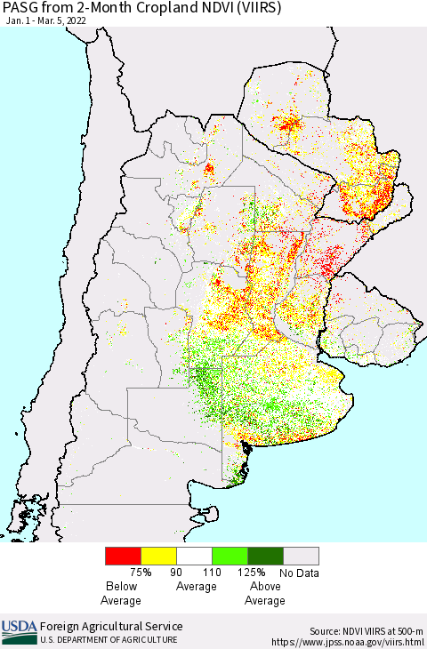 Southern South America PASG from 2-Month Cropland NDVI (VIIRS) Thematic Map For 3/1/2022 - 3/10/2022