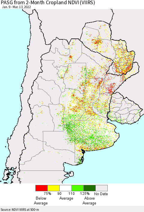 Southern South America PASG from 2-Month Cropland NDVI (VIIRS) Thematic Map For 3/6/2022 - 3/13/2022